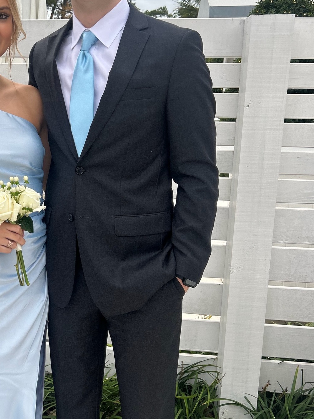 Classic Black Men's Two-Button Suit with Light Blue Tie